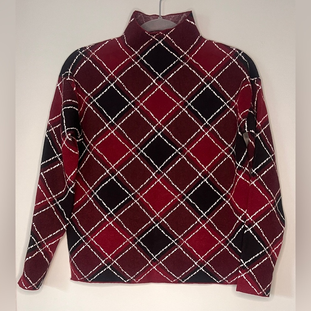 Tahari Mock Neck‎ Tartan Plaid Sweater Black Burgundy Red White Size Small